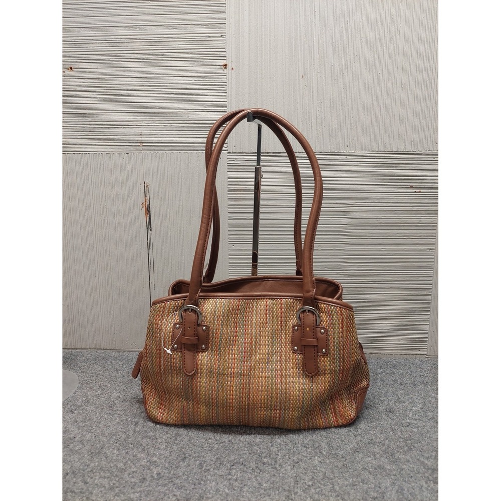 Croft & Barrow Women Shoulder Bag Small Brown Stripe Braided Leather Trim Casual